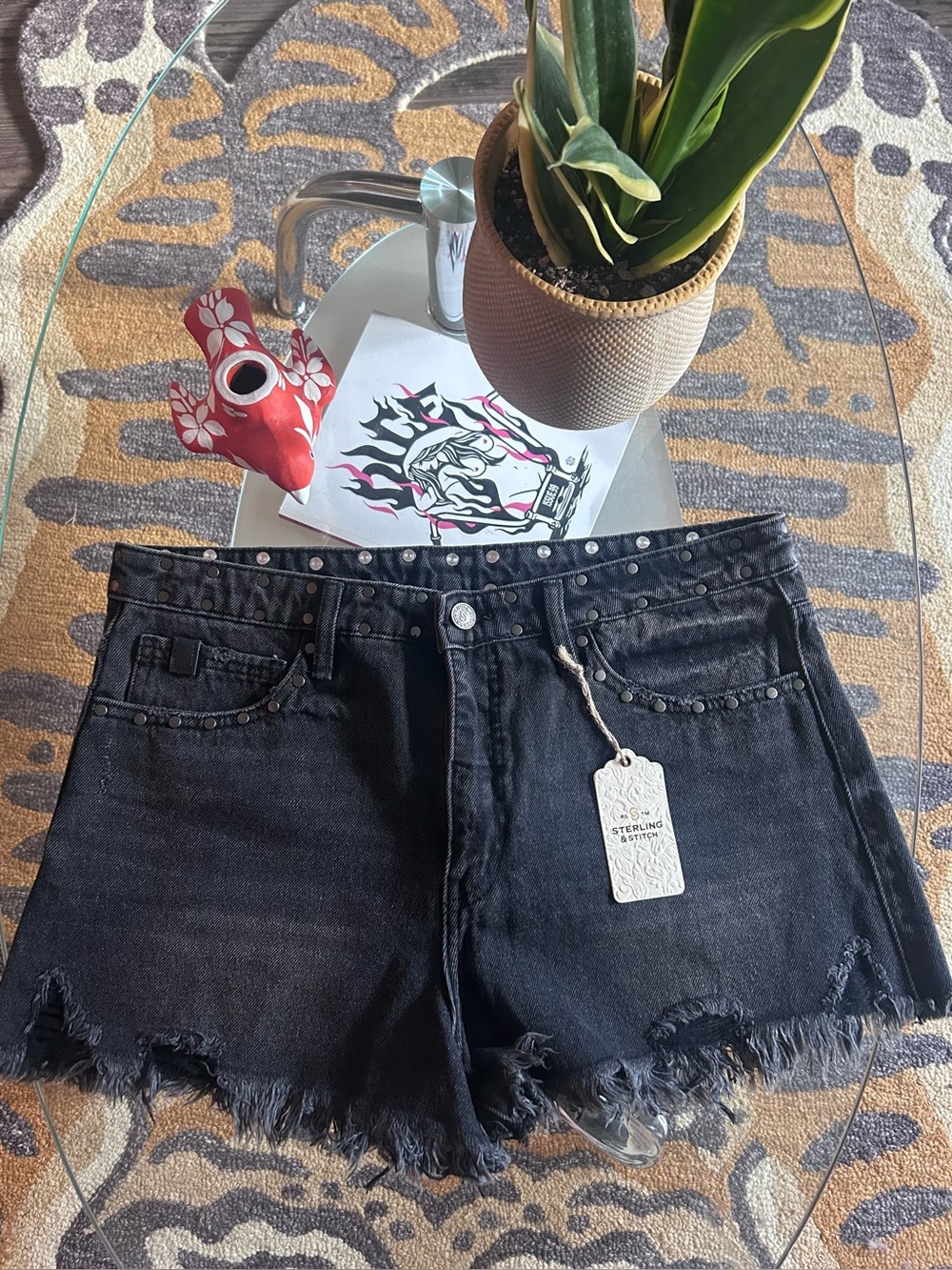 Black Denim Studded Frayed Hem Women's Shorts